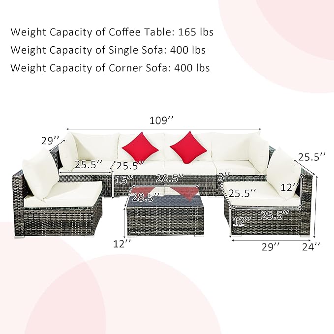 Tangkula 7 Pieces Wicker Patio Furniture Set, All-Weather Outdoor Rattan Sectional Sofa Set with Cushions & Tempered Glass Coffee Table, Outside Sofa Set for Garden, Lawn, Deck, Backyard (White) TANGKULA