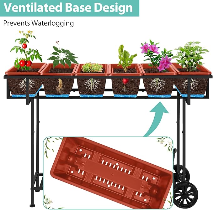 YBING Elevated Garden Bed with Wheels Outdoor 42x17x30in Elevated Raised Planter Box Stand 6 Pocket Herb Garden Planter with Storage Shelf for Balcony Patio, Red YBING