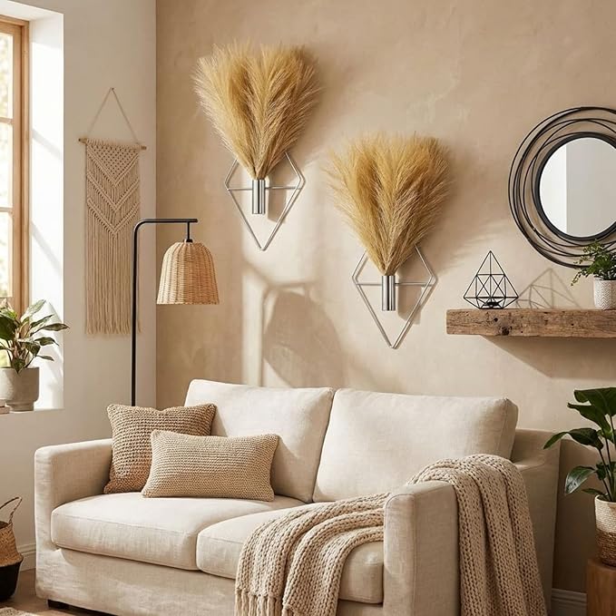 2 Pieces Boho Wall Decor Hanging Planters with Artificial Plants Metal Hanging Vase Indoor Plants Holder Modern Wall Art for Bathroom Bedroom Living Room Decor, Silver, Pampas Grass Canlierr