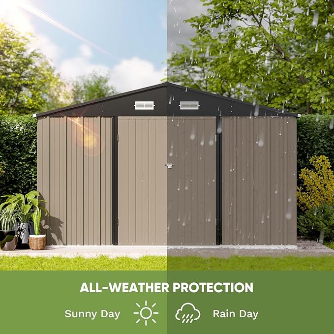 Patiowell 10 x 8 FT Outdoor Storage Shed with Floor Frame, Large Garden Tool Metal Shed with Sloping Roof and Double Lockable Door for Backyard Garden Patio Lawn,Brown Patiowell