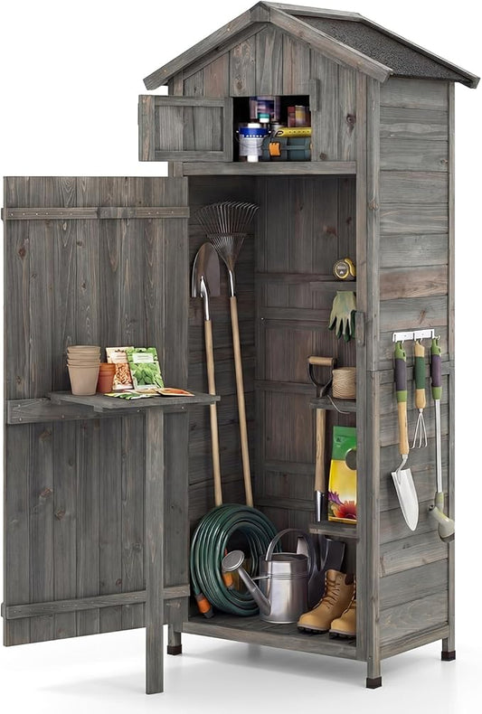 Goplus All-in-One Storage Shed, 70" Tall Wooden Lockable Cabinet w/Foldable Work Table, Vertical Utility Tool Organizer w/Shelves & Hooks, Waterproof Garden Shed for Patio Backyard (Gray) Goplus
