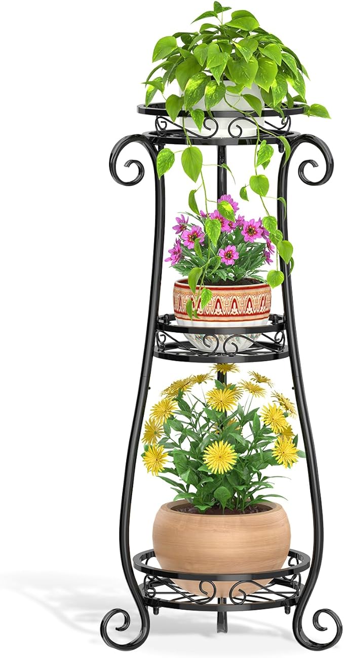 LASZOLA 3 Tier Black Metal Plant Stand for Multiple Large Planters Indoor Outdoor Organizer, Heavy Duty Tall Flower Stand for Corner Patio Bathroom Office, Modern Sturdy Vertical Iron Rack, Cat Proof LASZOLA