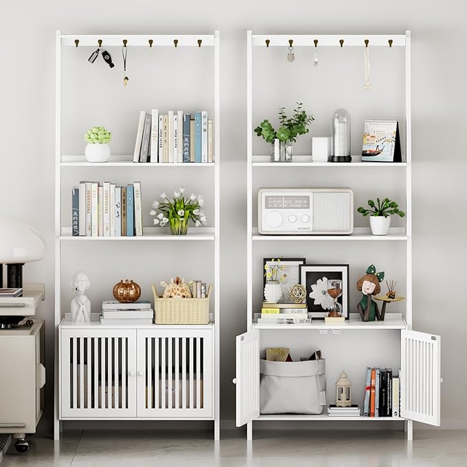 4-Tier Ladder Shelf with Drawers 59.5"H x 24.8"L x 10.6"W, Ladder Bookshelf with 6 Hooks, Tall Narrow Retro Bookcase, Freestanding Storage Shelf for Living Room, Home Office, Bedroom, White OAKVIVOElegantLifestyle