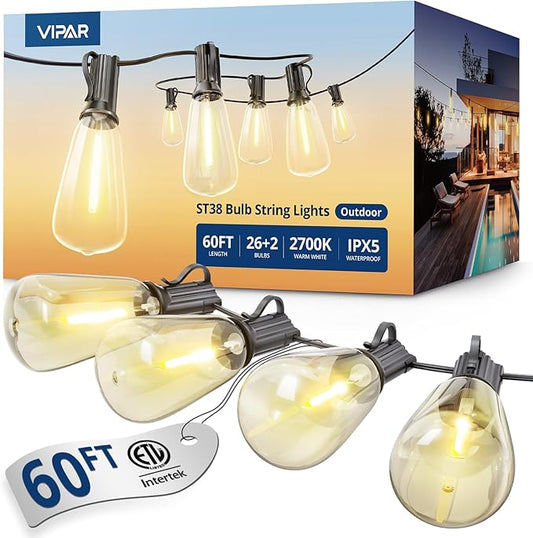 VIPAR Outdoor String Lights 60FT LED Patio Lights LED Waterproof with 26+2 Shatterproof ST38 Edison Bulbs, 2700K Connectable Outside Hanging Light for Porch, Garden, Backyard, Deck, Balcony, Decor VIPAR