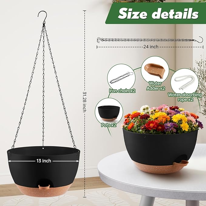 13-inch Oversized Hanging Planter Set of Two,Planters for Indoor and Outdoor Plants.Place Plant pots Across Diverse Settings Including windowsills,Living Room,and Gardens.Black-Brown Rootora