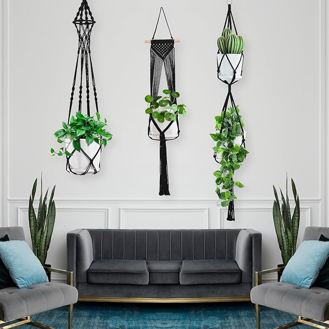 Macrame Plant Hangers, 6Pack Hanging Plant Holders Indoor w/ 6 Set Hooks Handmade Cotton Rope Plant Hangers Set Flower Pots Holder Stand Boho Home Decor Hanging Planters for Indoor Outdoor Plants TAOZIM