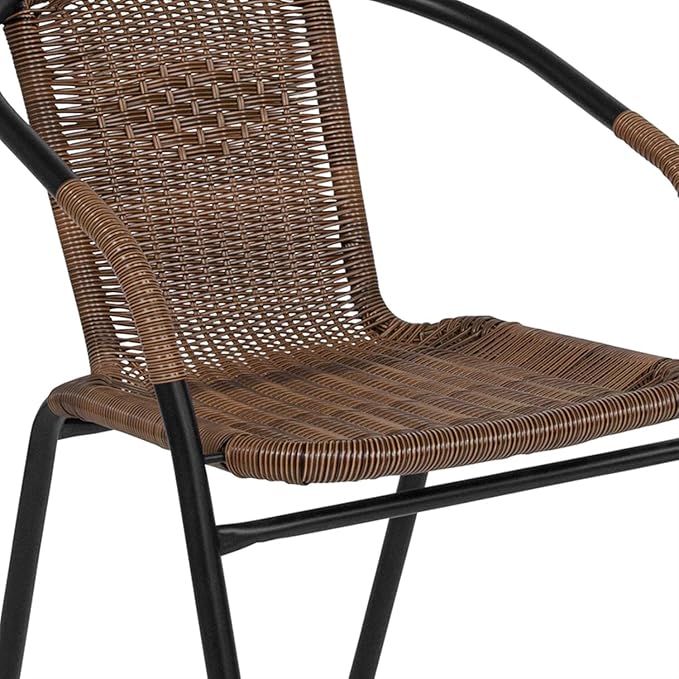 Flash Furniture Lila 28'' Round Glass Metal Table with Dark Brown Rattan Edging and 2 Dark Brown Rattan Stack Chairs FlashFurniture