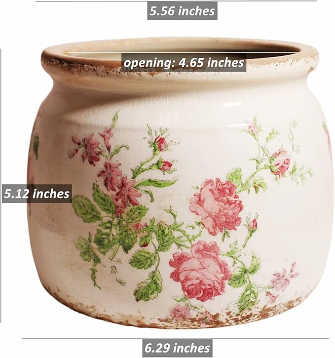 Decorative Pots Spring Decor, Pastel Floral Ceramic Garden Pots with Drainage, 6.29 Inch Pink Vintage Grandma Flower Pots for Indoor Plants & Succulent, Crackle Glaze Pottery Planters, Mom Gifts XiaanJiaju
