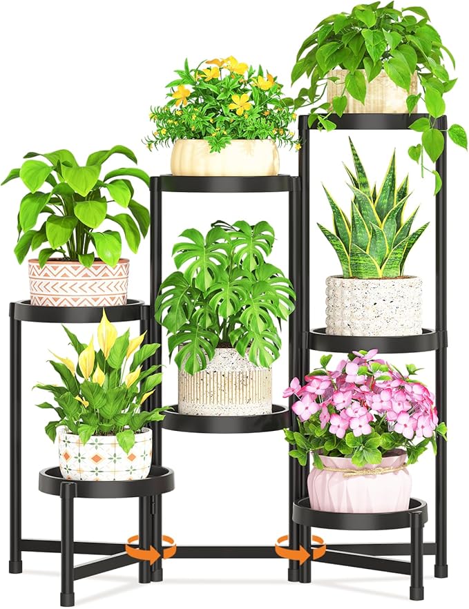 LASZOLA 7 Tiered Folding Plant Stand Indoor for Multiple Large Planter, Tall Heavy Duty Adjustable Rack with Rust Proof Plastic Shelving, Sturdy Vertical Tree Organizer for Narrow Inside Floor, Black LASZOLA