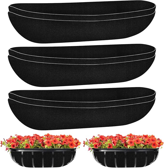 Riare 6 Pack 24 Inch Black Felt Window Box Liners- Fabric Trough Planter Basket Liners Replacement, Non-Woven Hanging Plant Liner for Wall Hanging Basket, Garden Fence Railing (Avoid Bird Nesting) Riare