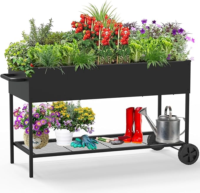 51 × 26 × 31.5 Inches Raised Garden Bed with Legs/Storage Shelf, Mobile Planter Box for Outdoor Plants, Elevated Garden Bed for Backyard, Balcony, Black Rootora