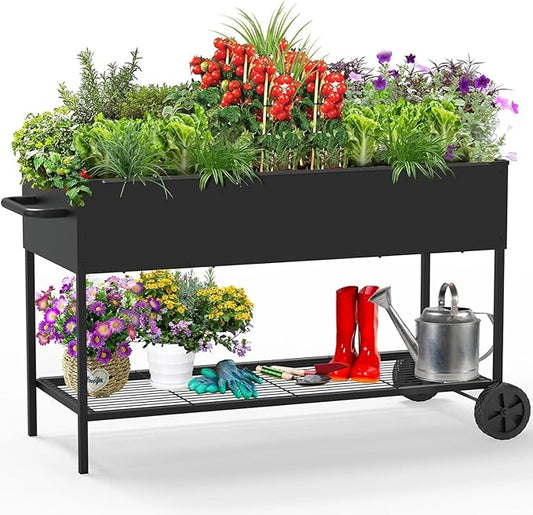 51 × 26 × 31.5 Inches Raised Garden Bed with Legs/Storage Shelf, Mobile Planter Box for Outdoor Plants, Elevated Garden Bed for Backyard, Balcony, Black Rootora
