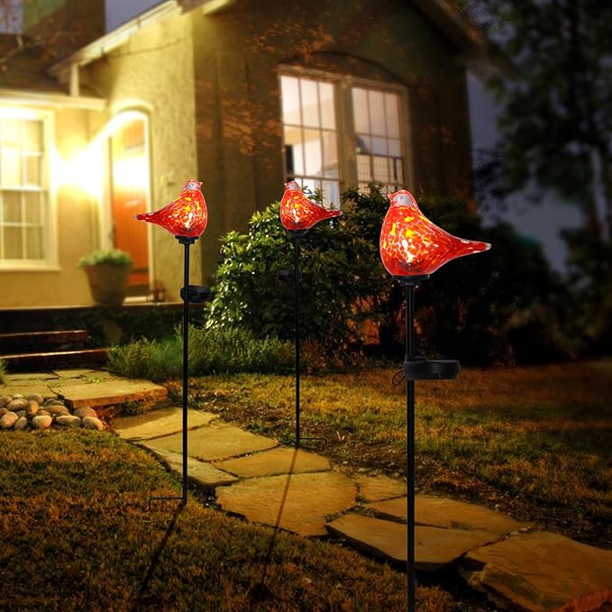 Afirst Solar Outdoor Lights - Decorative Solar Stake Lights Cardinal Handblown Glass Garden Stakes, Waterproof for Pathway Decoration, 2 Pack Afirst