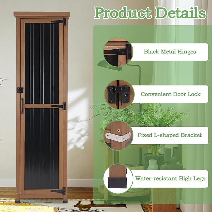 62" H Tall Narrow Outdoor Storage Cabinet with Metal Top, Outdoor Shed Storage Unit Waterproof with Adjustable Shelves for Garden, Patio, Living Room, or Entryway Storage, Black PETSCOSSET