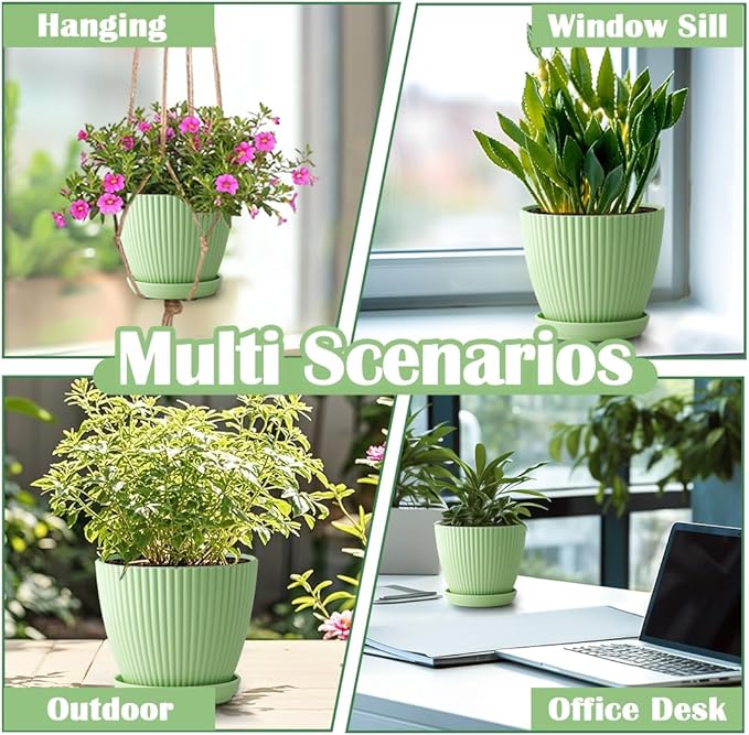 7.5/6.5/5.5/4.9/4.2/3.5 Inch Plant Pots with Saucers & Drain Holes - Indoor/Outdoor Flower Pots for Succulents, Herbs, Cactus - Modern Lightweight Durable Planter Set, Green RooTrimmer