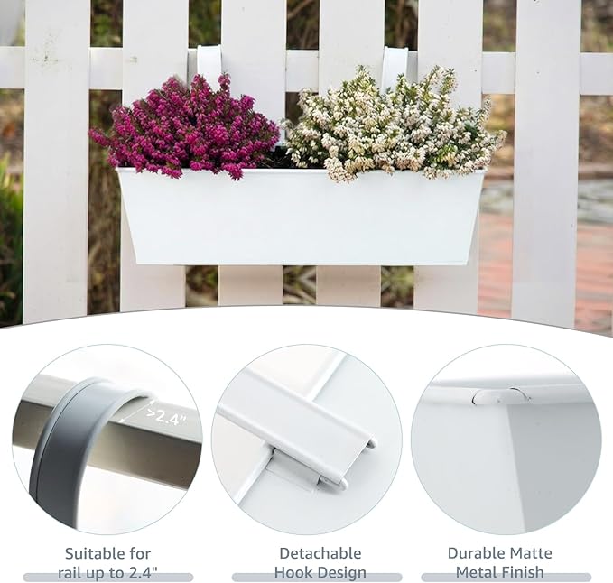 3 Pack Metal Railing Planters, 16 Inch Large Rectangular Hanging Flower Pots with Detachable Hooks & Drainage Holes, Fits Rails up to 2.5", Galvanized Iron Window Box for Balcony Garden - White MeltsetM
