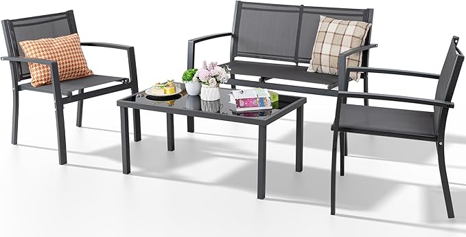 Shintenchi 4 Pieces Patio Furniture Set All Weather Textile Fabric Outdoor Conversation Set, with Glass Coffee Table, Loveseat, 2 Single Chairs for Home, Garden, Lawn, Porch（Gray） Shintenchi