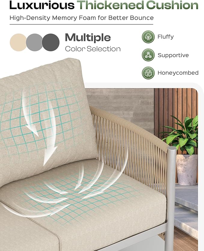 Aluminum Outdoor Patio Furniture Set with Dual-Layer Coffee Table, 4 Piece Modern Patio Conversation Sets with PE Rope, Outdoor Sectional Sofa with Thick Cushions for Balcony, Deck, Beige Oasbira