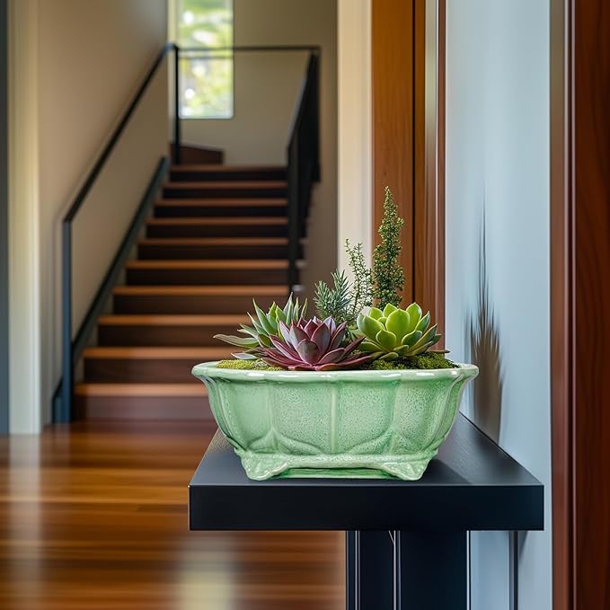 Bonsai Tree Pot - 13.2 Inch Large Ceramic Succulent Planter for Indoor Outdoor, Oval Plant Pot with Drainage Hole, Decorative Flower Pots, Home Decor, Gifts for Plant Lovers, Green Teagas