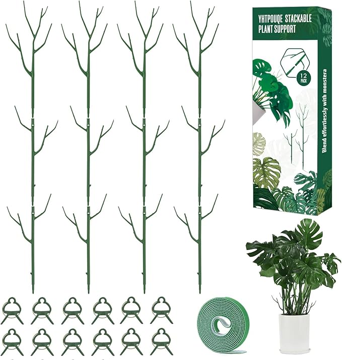 12 Pack Plant Support Stakes, Plant Stakes for Indoor and Outdoor Plants. 39.37inch Plant Sticks with Extension Poles, Plant Clips, Plant Ties for Potted Monstera Plants, Climbing Plants YHTPOUQE