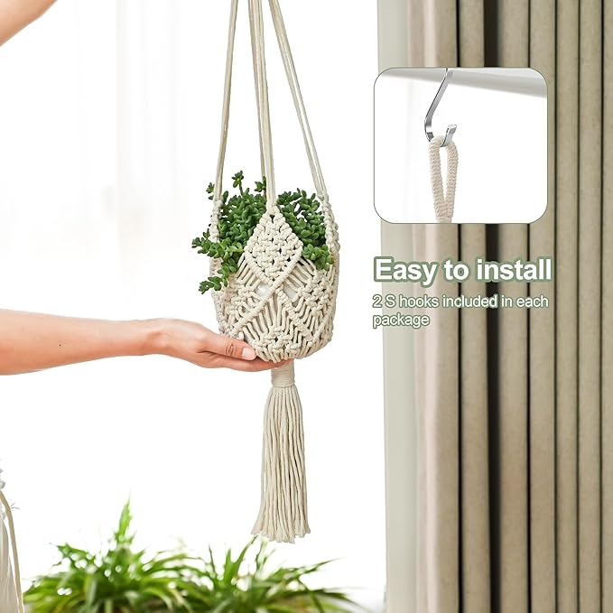 Hanging Planter with Patterns,2Packs Macrame Plant Hangers Indoor Macrame for up to 8 inch Pot Crochet Boho Plant Hanger Holder for Indoor Outdoor with 2S Shaped Stainless Steel Hooks (White) XINBOR