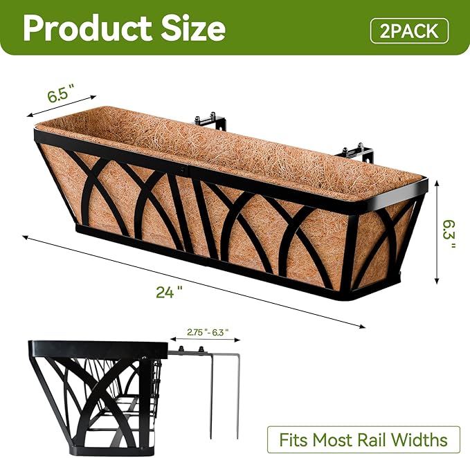 Halatool 2 Pack Heavy-Duty Metal Deck Railing Planter Box, 24 Inch Rust-Resistant Rectangular Window Boxes Planters with Coco Liner & Adjustable Brackets, Grow More On Your Balcony, Patio & Fence HALATOOL