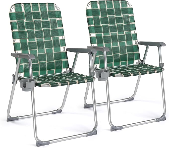 VINGLI Folding Aluminum Webbed Lawn Chairs with Detachable Cup Holder, High Beach Chair for Adults Heavy Duty, Portable Patio Chair, Camping Chair for Yard, Garden, 2 Pack VINGLI