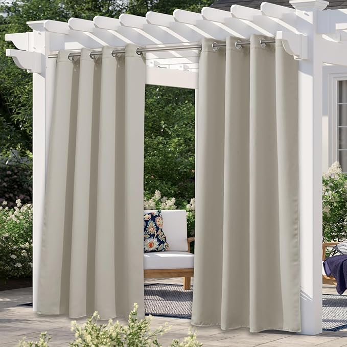NICETOWN Patio Curtain for Outdoor Waterproof, Stainless Grommet Top Thermal Insulated Sun Blocking Outdoor Drape Privacy for Balcony, UV Protection Outdoor Privacy Blind, W52 x L72, Natural, 1 Panel NICETOWN