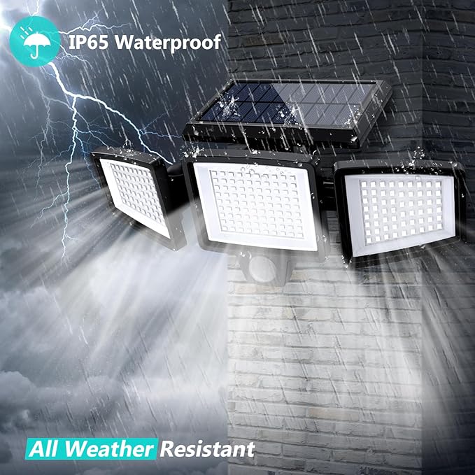 Tuffenough Solar Outdoor Lights 2500LM 210 LED Security Lights with Remote Control,3 Heads Motion Sensor Lights, IP65 Waterproof,270° Wide Angle Flood Wall Lights with 3 Modes(1 Packs) SolarOutdoorLights