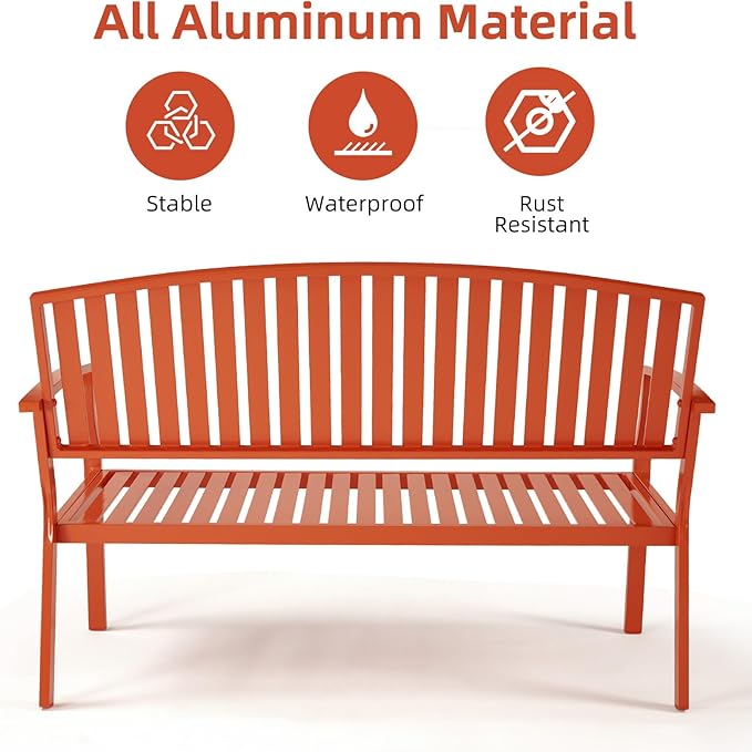 Outdoor Bench Weatherproof Aluminum Patio Garden Bench, Patio Loveseat for Porch Garden Lawn Backyard Park Balcony (Orange) Eongdn
