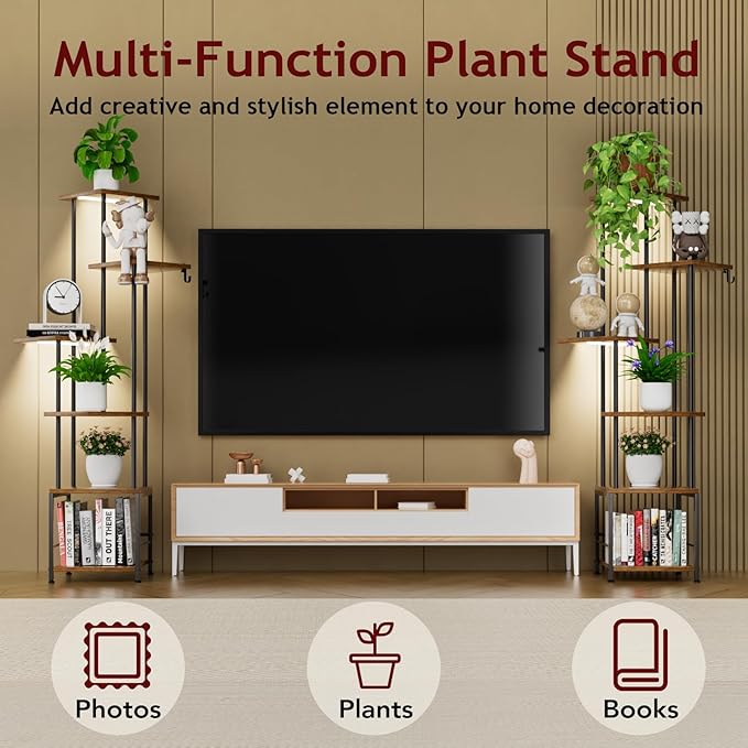 Plant Stand Indoor with Grow Light, 6-Tiered Tall Plant Stand Indoor, Metal Plant Shelf with Hanging Basket Hook and Adjustable Light, Ideal for Living Room, Garden, Patio, （Brown and Black） Homsorout