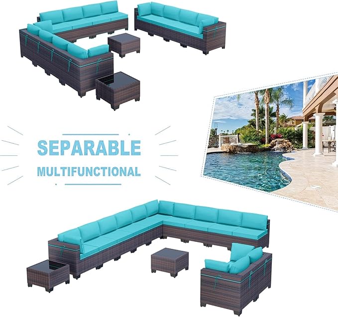 Kullavik 14 Pieces Outdoor Patio Furniture Set PE Wicker Rattan Sectional Sofa Patio Conversation Sets,Blue KULLAVIK