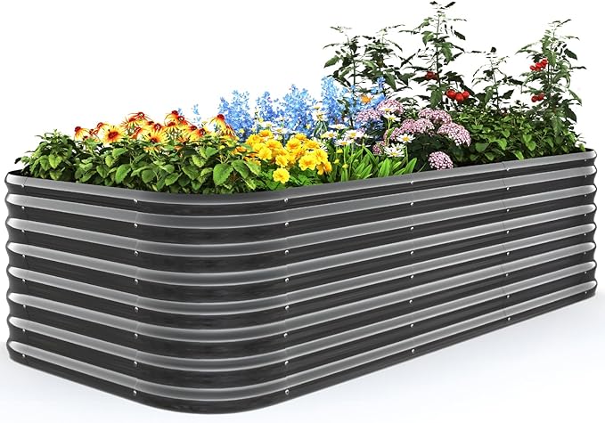 Quictent Galvanized Raised Garden Bed Kit, 8x4x2 ft Oval Metal Planter Box Tall for Vegetables Outdoor Backyard, Strengthened by Crossbar, Dark Gray QUICTENT