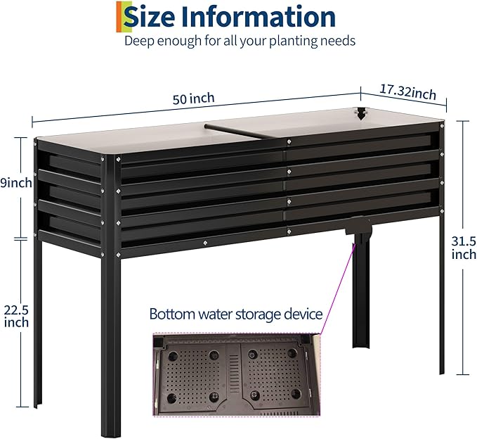 Galvanized Raised Garden Bed with Legs&Water Storage - 50×32×17 in Metal Planter Box, Outdoor Raised Garden Beds Gardening, Durable Planter Raised Beds, Sturdy Planters for Outdoor Plants (Black) GarveeLife