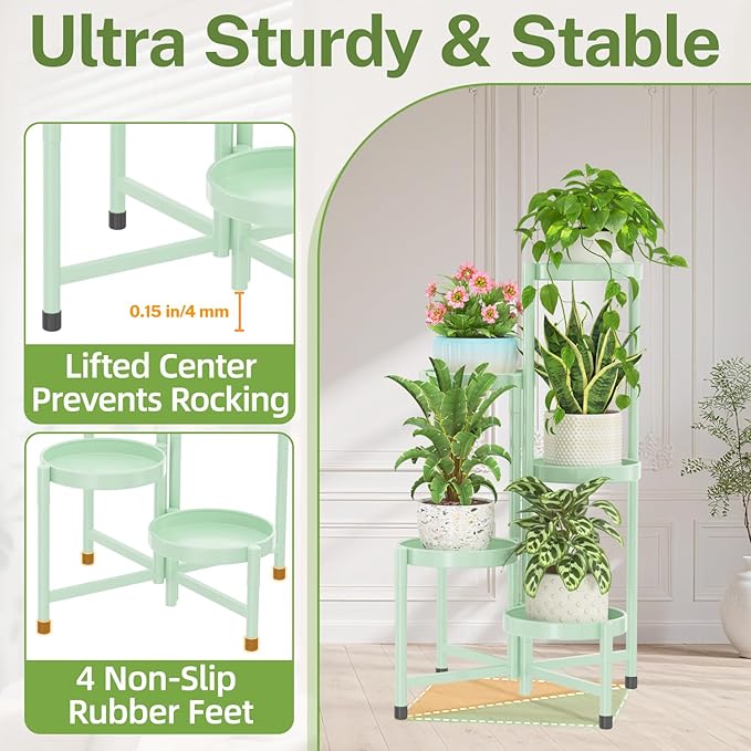iDavosic.ly Plant Stand Indoor Outdoor, 5 Tier Corner Metal Flower Display Holder Shelf, Easy Assembly Folding Tall Orchid Rack for Patio Balcony Porch Garden Living Room House, Light Green iDavosicly