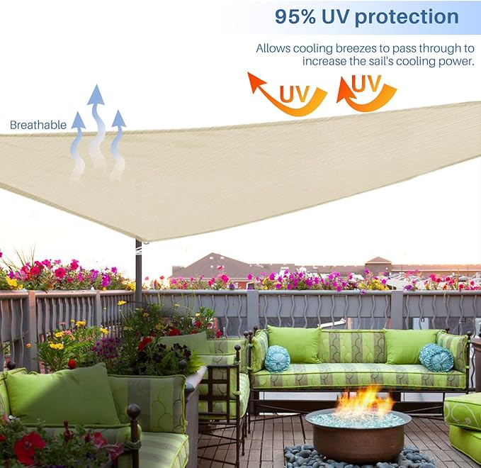E&K Sunrise 19' x 19' x 19' Sun Shade Sail Triangle Canopy Shade Cover UV Block for Patio Backyard Garden Outdoor (Beige) EKSUNRISEINC