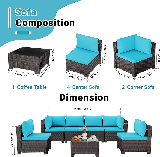 LEVELEVE 7 Pieces Outdoor Patio Furniture Sets,Rattan Conversation Sectional Set,Manual Weaving Wicker Patio Sofa with Tea Table Enjoyyourlife