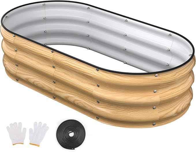 4x2x1FT Galvanized Raised Garden Beds,Raised Garden Bed with Safety Edging and Gloves,Oval Metal Planter Box for Gardening Vegetables Flowers Herb-Natural Oak Patiobay