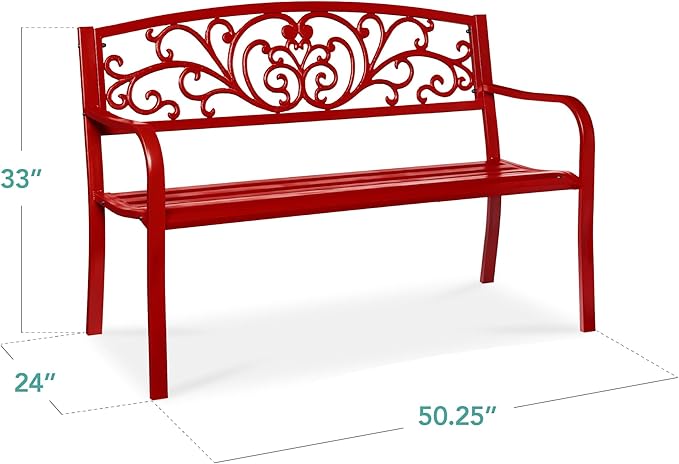 Best Choice Products Outdoor Bench Steel Garden Patio Porch Furniture for Lawn, Park, Deck w/Floral Design Backrest, Slatted Seat - Red BestChoiceProducts