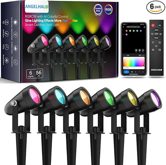 ANGELHALO Smart Landscape Spotlights, Low Voltage IP65 Waterproof Outdoor Spotlights Compatible with APP/Voice/Alexa Control, Color Changing Lights for Yard Garden Pathway Lawn, 6 Pack ANGELHALO