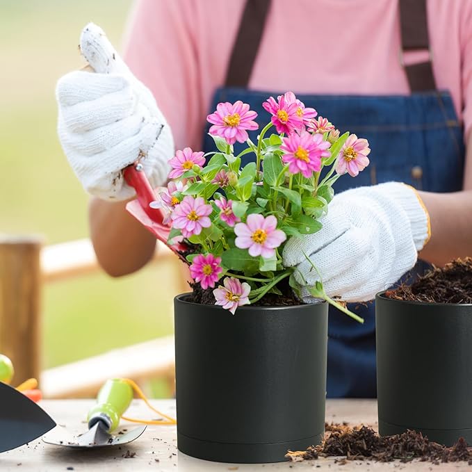 8/7/6 inch Plant Pots, 3 Set Cylinder Flower Pots for Outdoor Indoor Plants, Decorative Plastic Planters with Drainage Holes and Saucers for Garden House Plants, Black Meowell