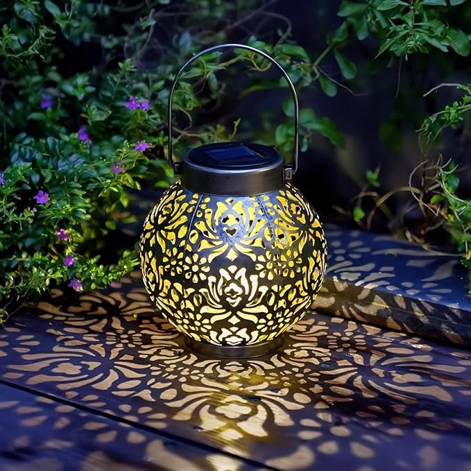 2 Pack Outdoor Solar Hanging Lantern Lights Metal LED Decorative Lamp for Garden Patio Courtyard Lawn and Table with Hollowed-Out Design (Antique Bronze) ExcMark