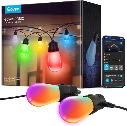 Govee Smart Outdoor String Lights H7015, 48ft RGBIC Outdoor Lights with 15 Dimmable LED Bulbs, IP65 Waterproof, Color Changing Warm White Lights with 47 Scene Modes for Patio, Backyard, App Control Govee