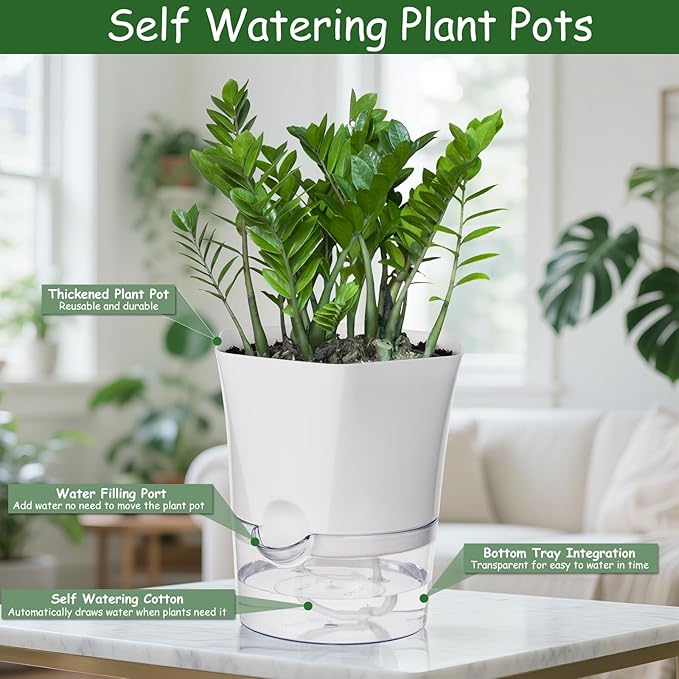 KIMCHOMERSE Self Watering Plant Pots, 6 Inch Orchid Pots, 3 Pack Flowers Pot Indoor Planter Pots with Tray for Spider Plant, Orchid, African Violet -White KIMCHOMERSE