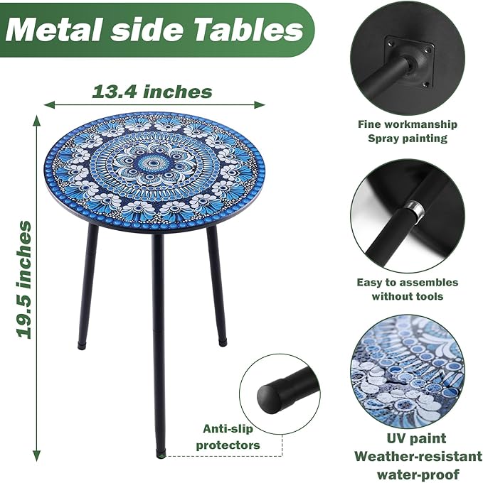 Metal Outdoor Side Tables Set of Two Small Outside Round End Table for Patio Modern Accent Garden Corner Table for Small Spaces, Balcony, Porch, Weather-Resistant, Plant Stand Indoor, Blue PartyZealot