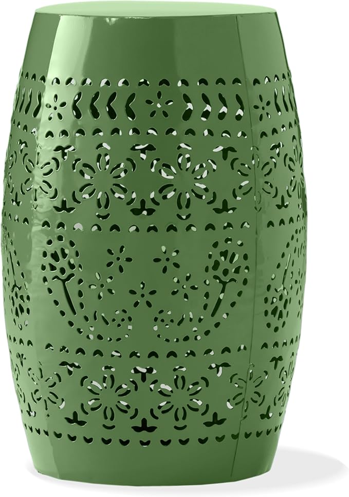 Christopher Knight Home Zoey Small Outdoor Side Table, Lace Cut Iron End Table, Metal Outdoor Stool, Hollow Drum Round Side Table, Decorative Garden Stool with Cutout Design for Patio Balcony, Green ChristopherKnightHome