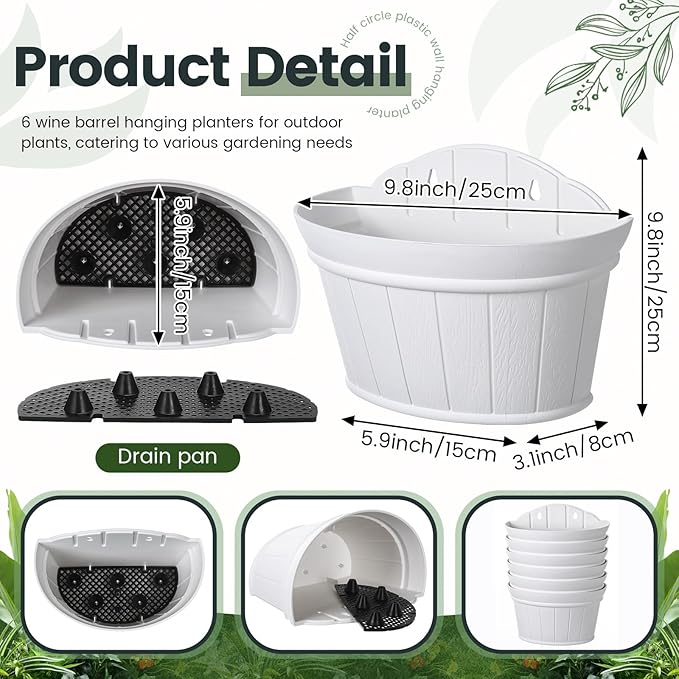 Layhit 6 Pcs Wall Hanging Planters Outdoor Pot Planter Wine Barrel Planter Distressed Oak Thickened Plastic Water Storage Flower Pots for Flower Indoor Outdoor(10 Inches,White) ShungLan