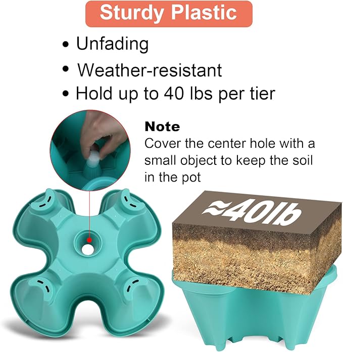 GameXcel Vertical Planter 7 Tier Stackable Planters Garden Planters Strawberry Herb Flower and Vegetable Planter Indoor Outdoor Gardening Pots with Removable Wheels and Tools-Teal 2 Pack GameXcel