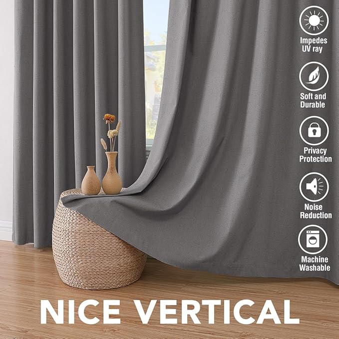 H.VERSAILTEX Primitive Linen Curtains 100% Blackout Curtain Drapes Burlap Fabric Curtains with White Thermal Insulated Liner, Grommet Top Drapes Living Room/Bedroom (2 Panels, 42 x 54 Inch, Grey) HVERSAILTEX