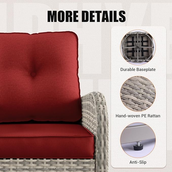 9-Piece Outdoor Patio Furniture Set with Rocking Swivel Chair Wicker Sectional Sofa Set, Patio Conversation Set with Thickened Cushions & Coffee Table for Garden, Backyard, Red MuphyersPatioFurniture